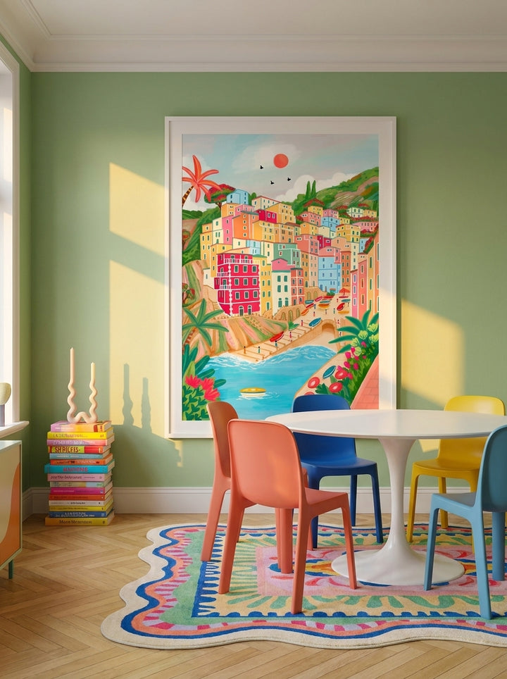 Oversized statement modern wall art print styled on the wall in a colourful eclectic dining room