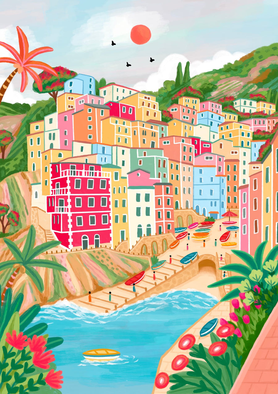 Vibrant Coastal Village By Nidhi Kachhadiya | Art & Canvas Print
