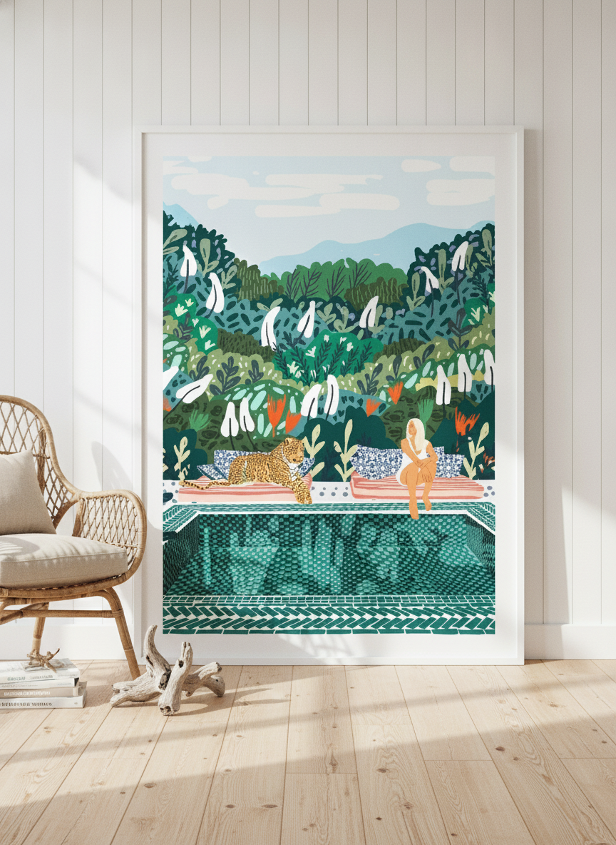 Oversized statement modern wall art print leaning against the wall in a coastal bedroom
