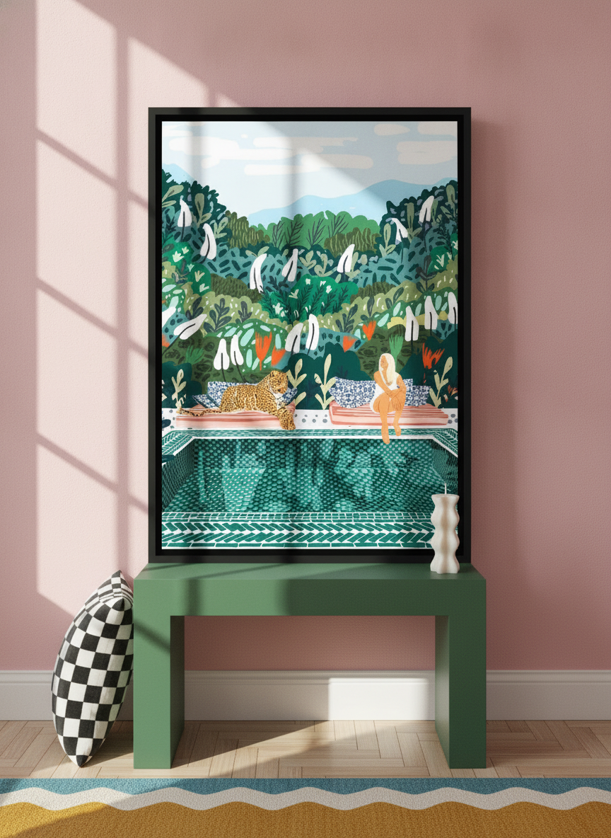 Canvas wall art with a black surround standing on a side table in a colourful eclectic dining room
