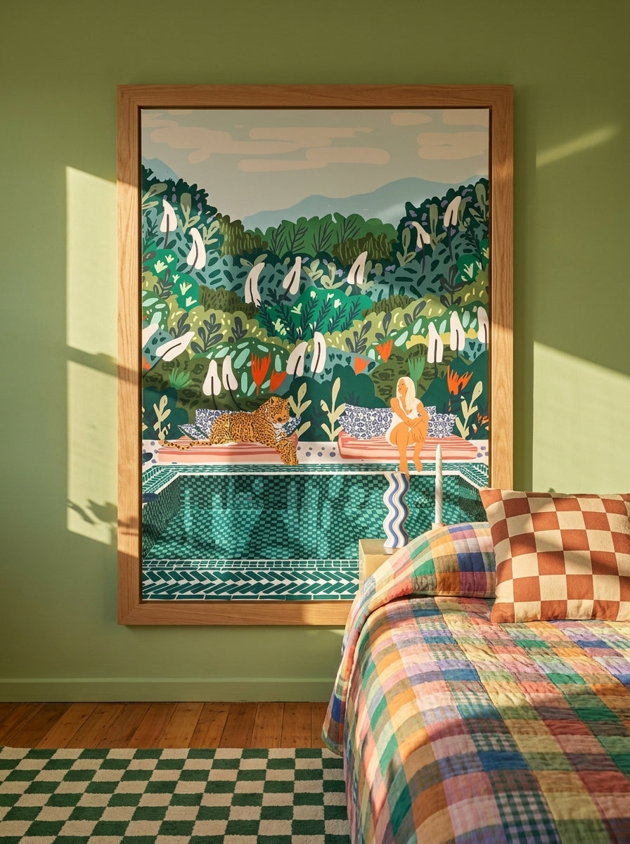 Modern wall art print styled on the wall in a colourful eclectic bedroom