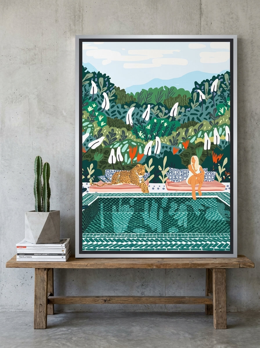 Canvas wall art with a silver leaf surround standing on a bench in an industrial loft bedroom