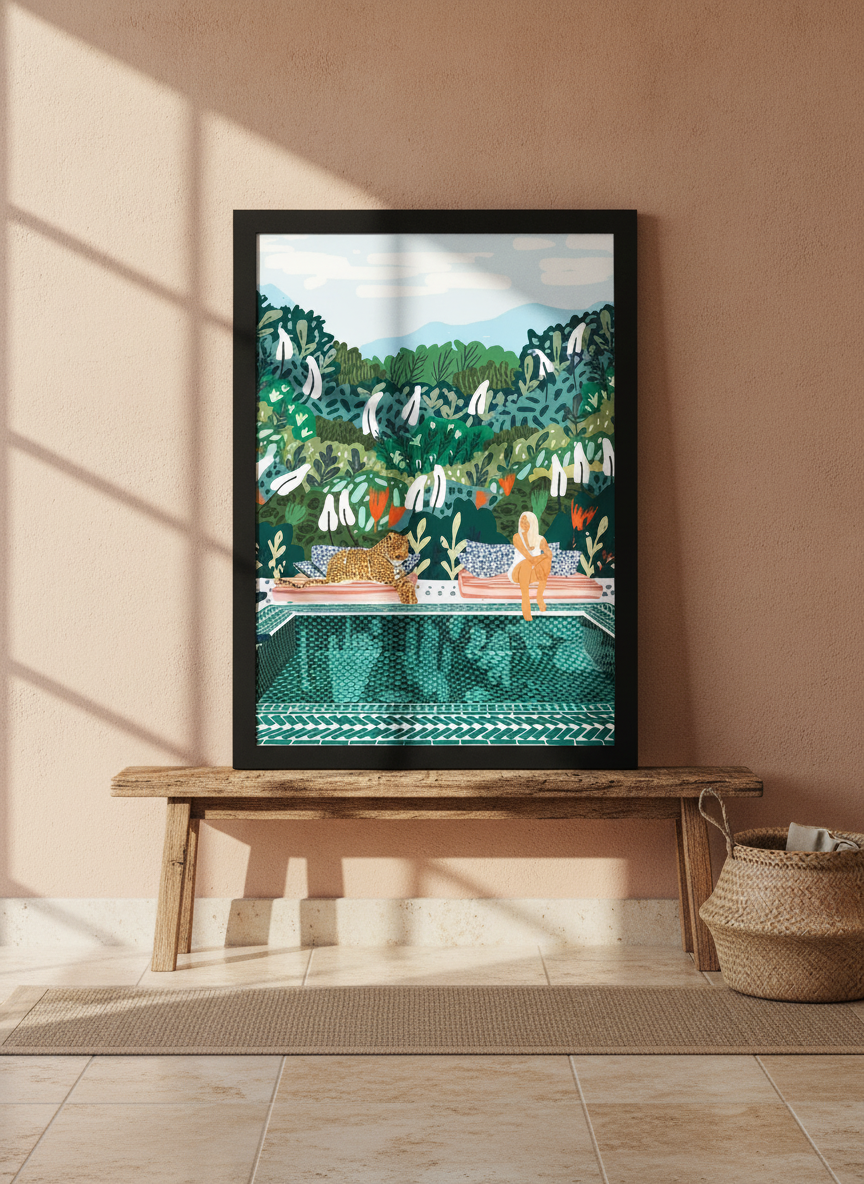 Modern wall art print standing on a bench in a Mediterranean bedroom