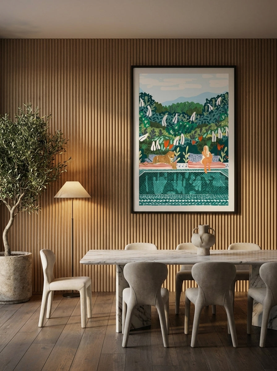 Oversized statement modern wall art print styled on the wall in a luxe dining room