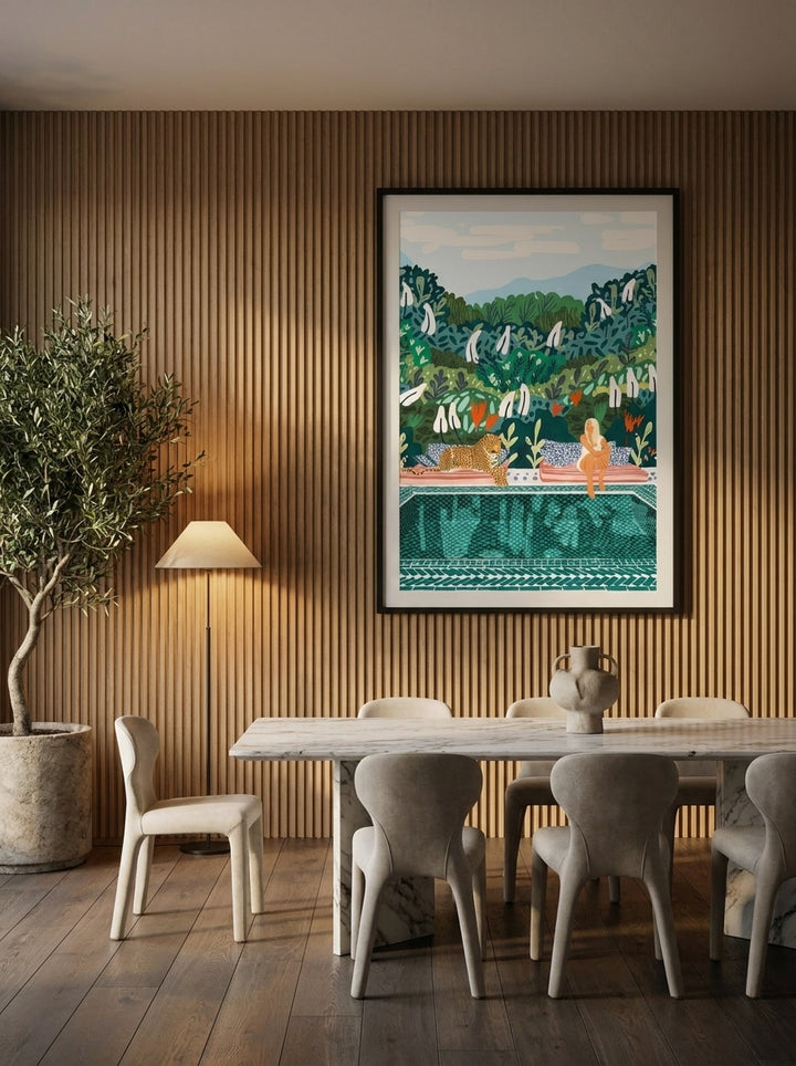 Oversized statement modern wall art print styled on the wall in a luxe dining room
