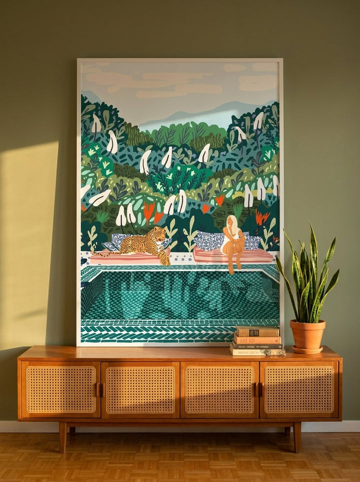 Modern wall art print styled on the wall in a mid-century living room