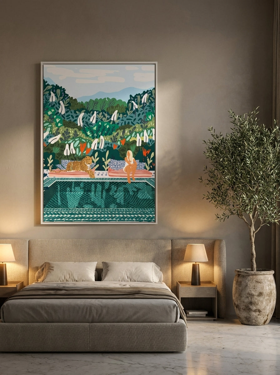 Oversized statement canvas wall art with a white surround styled on the wall in a luxe bedroom