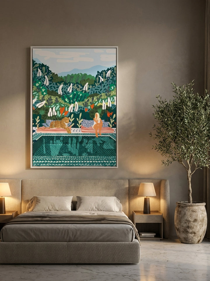 Oversized statement canvas wall art with a white surround styled on the wall in a luxe bedroom
