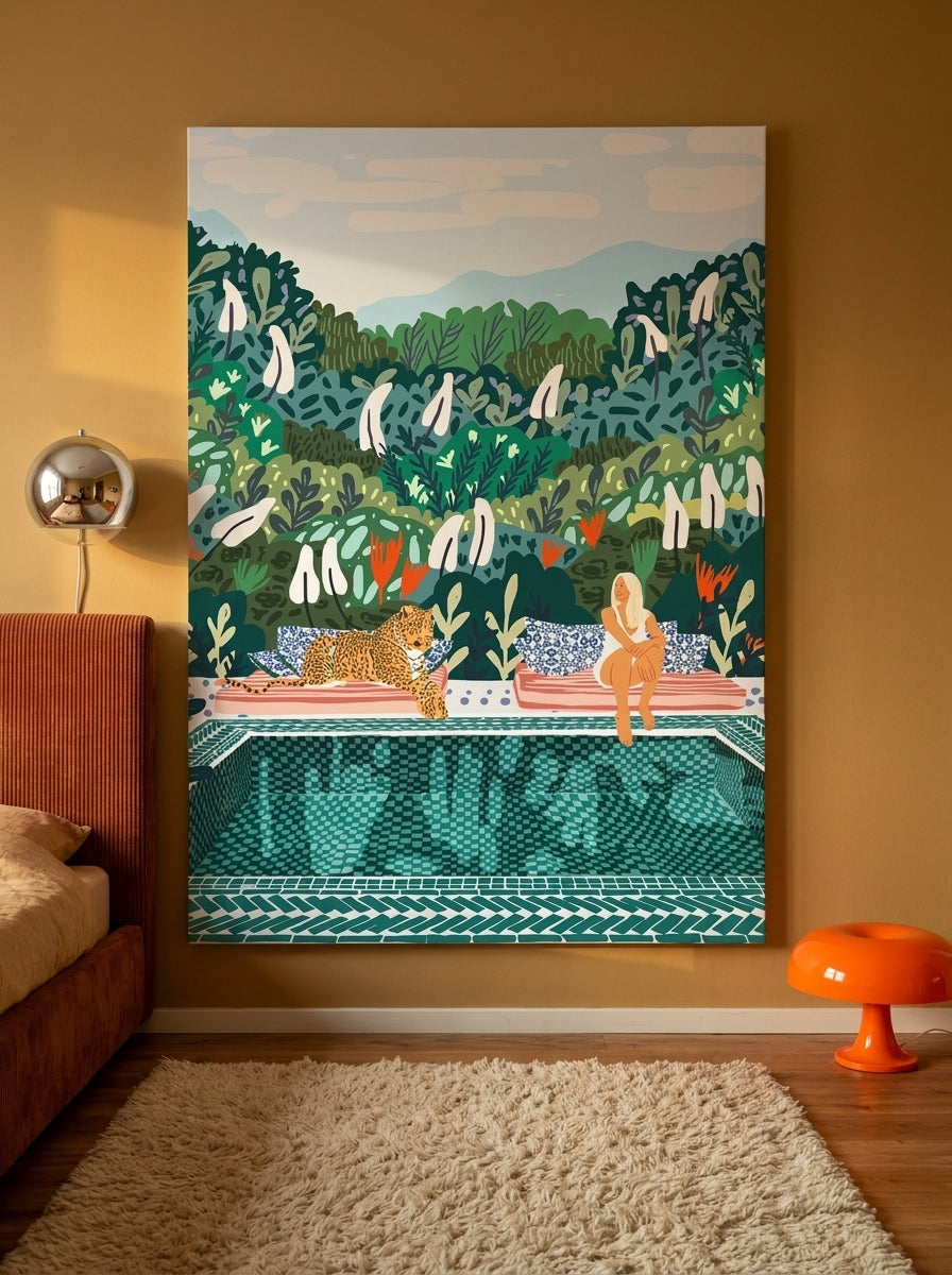 Stretched canvas wall art styled on the wall in a retro 70s bedroom