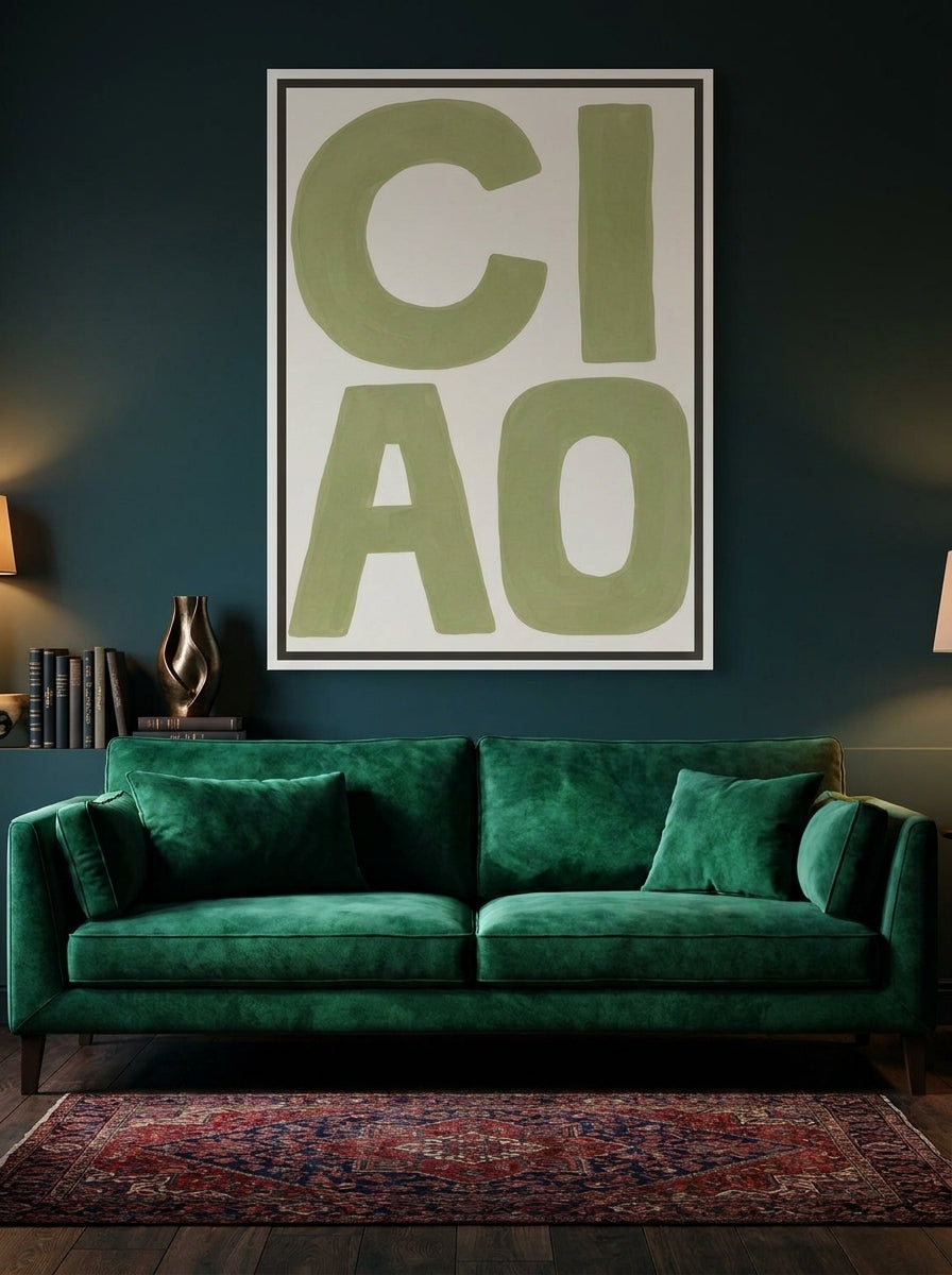 Oversized statement canvas wall art with a white surround styled on the wall in a moody living room