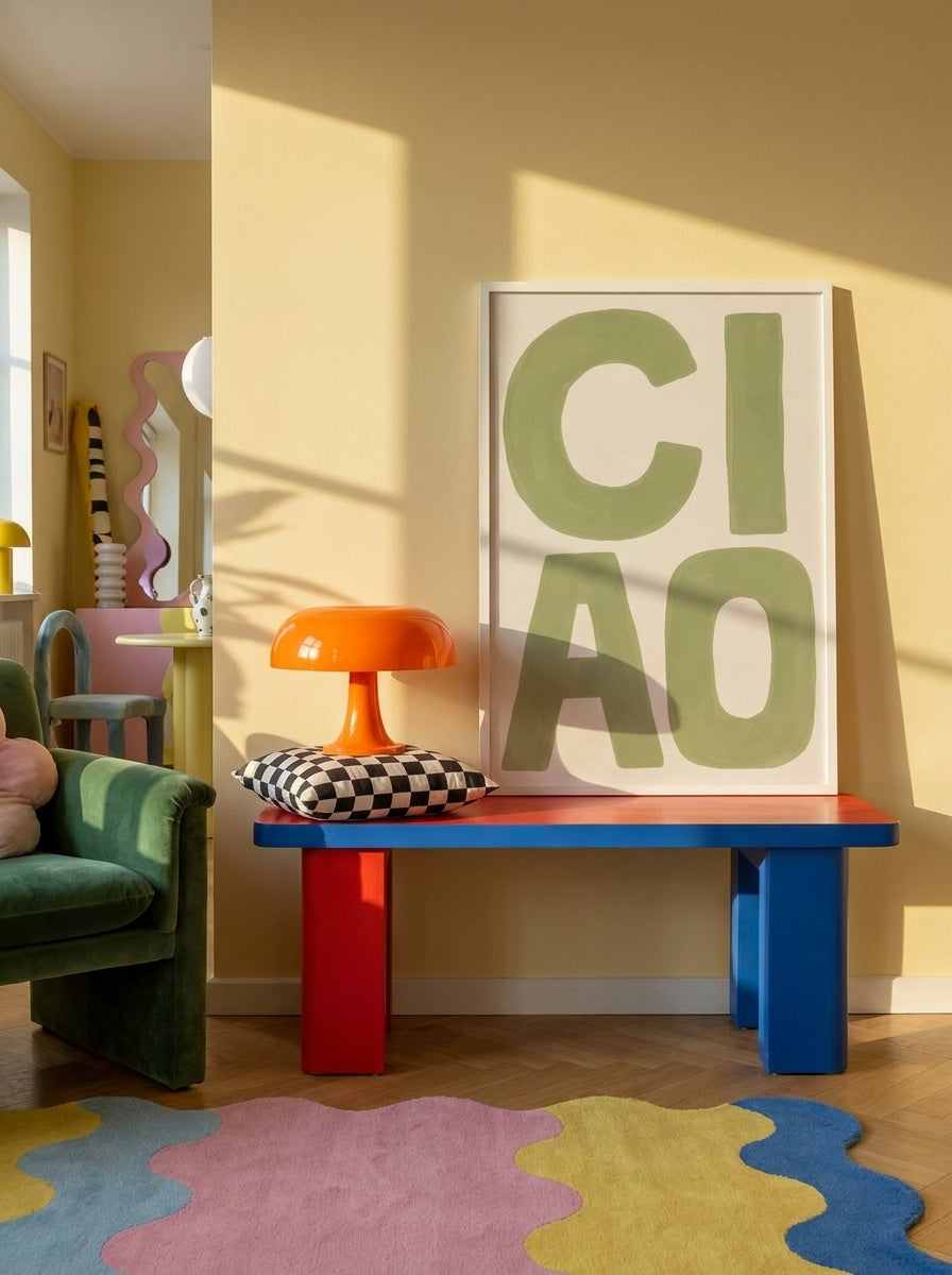 Modern wall art print standing on a side table in a colourful eclectic bedroom