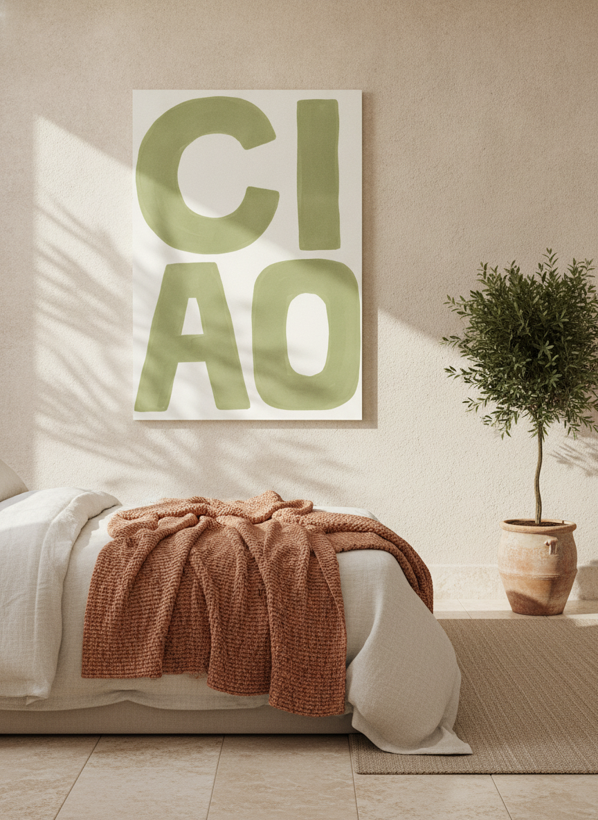 Stretched canvas wall art styled on the wall in a Mediterranean bedroom