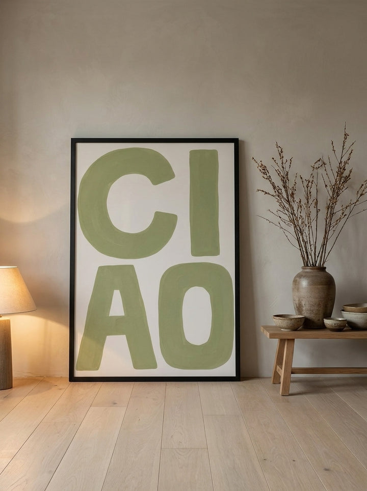 Oversized statement modern wall art print leaning against the wall in a warm Japandi living room