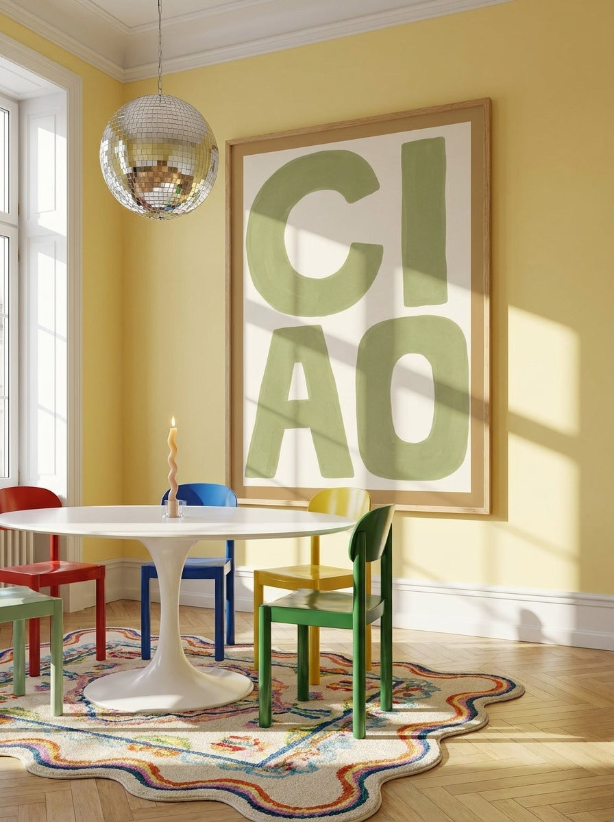 Oversized statement modern wall art print styled on the wall in a colourful eclectic dining room