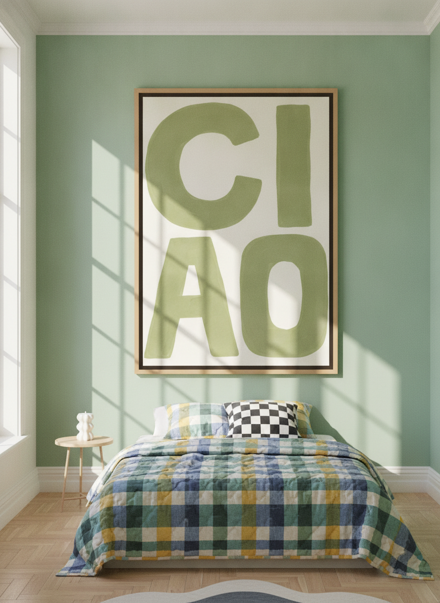 Oversized statement canvas wall art with a natural timber surround styled on the wall in a colourful eclectic bedroom