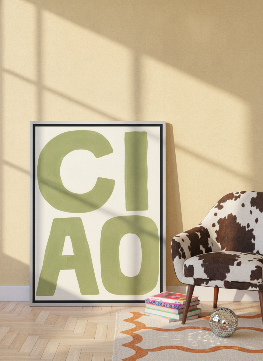 Canvas wall art with a silver leaf surround leaning against the wall in a colourful eclectic bedroom