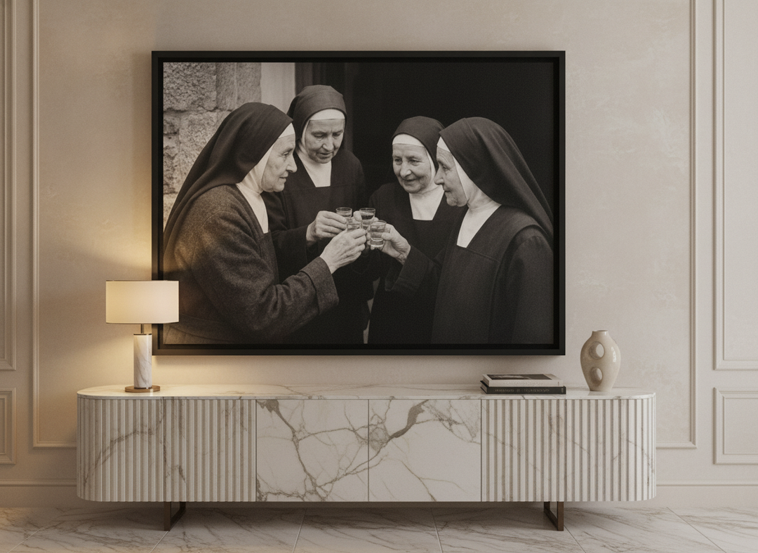 Canvas wall art with a black surround standing on a sideboard in a luxe living room