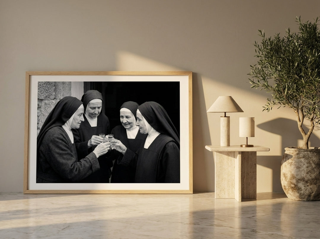 Modern wall art print leaning against the wall in a luxe dining room