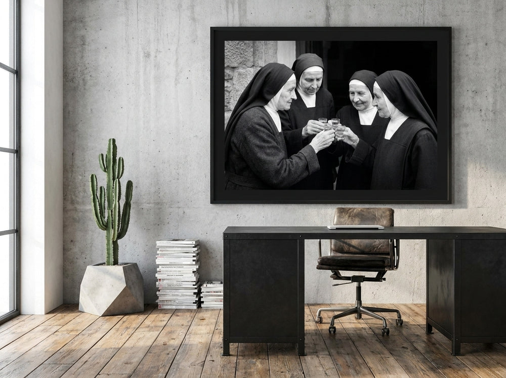 Modern wall art print styled on the wall in an industrial loft home office