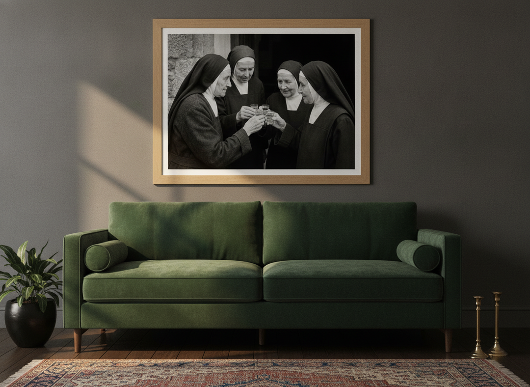 Modern wall art print styled on the wall in a moody living room