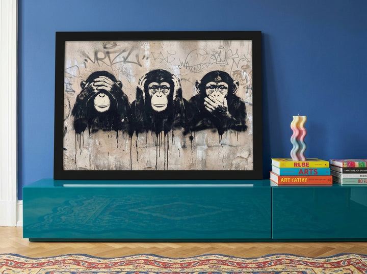 Modern wall art print standing on a sideboard in a colourful eclectic home office