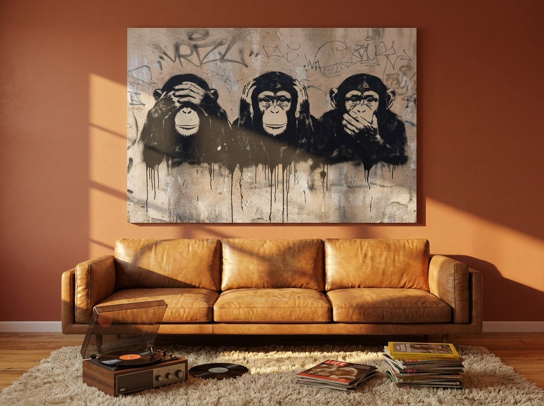 Stretched canvas wall art styled on the wall in a retro 70s living room
