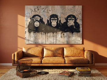 Stretched canvas wall art styled on the wall in a retro 70s living room