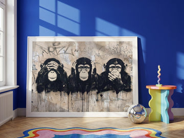 Oversized statement modern wall art print leaning against the wall in a colourful eclectic living room