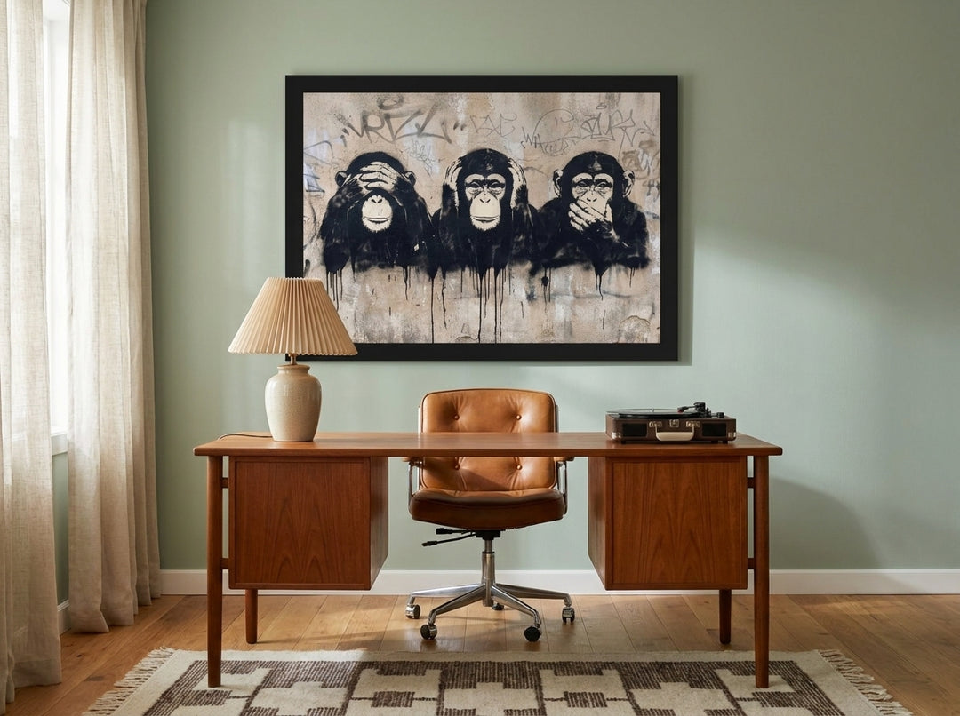 Modern wall art print styled on the wall in a mid-century home office