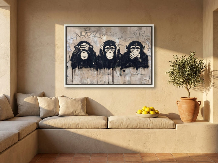 Canvas wall art with a white surround styled on the wall in a Mediterranean living room