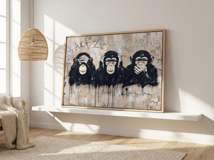 Canvas wall art with a natural timber surround standing on a shelf in a bright Scandinavian home office