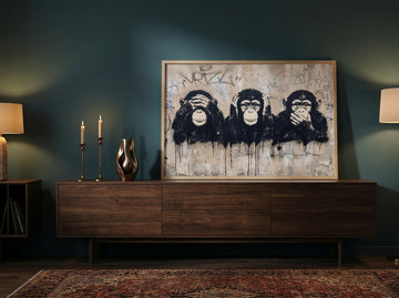 Modern wall art print standing on a sideboard in a moody living room