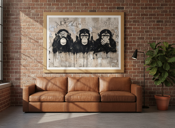 Modern wall art print styled on the wall in an industrial loft living room