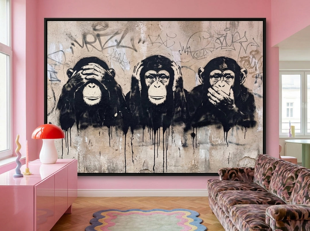 Oversized statement canvas wall art with a black surround styled on the wall in a colourful eclectic living room