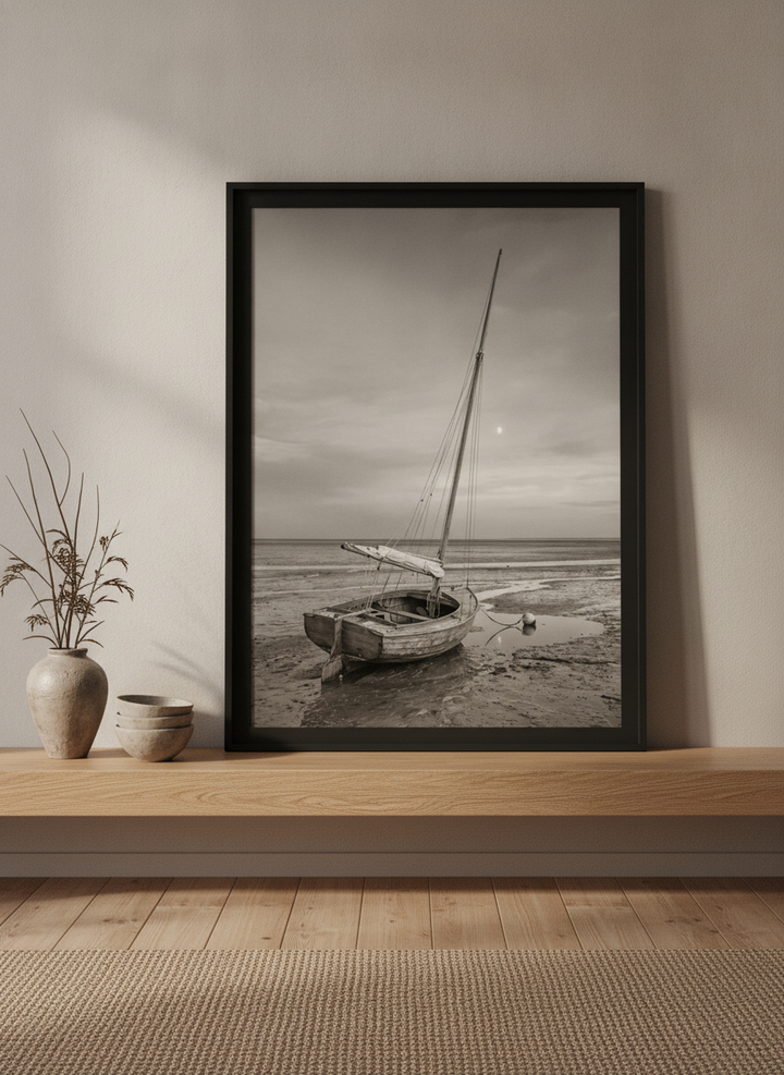 Modern wall art print standing on a shelf in a warm Japandi bedroom
