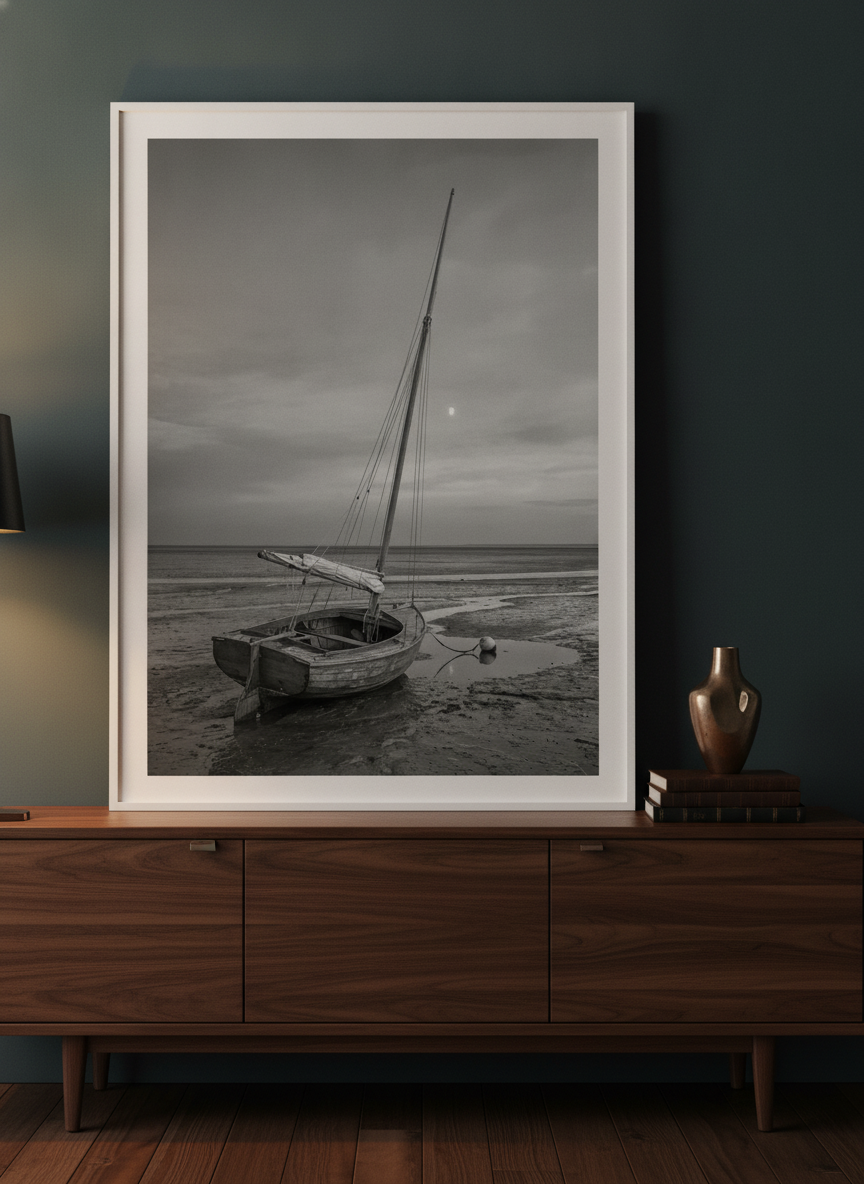 Modern wall art print standing on a sideboard in a moody bedroom