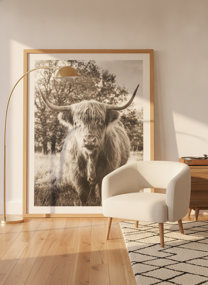 Oversized statement modern wall art print leaning against the wall in a mid-century dining room