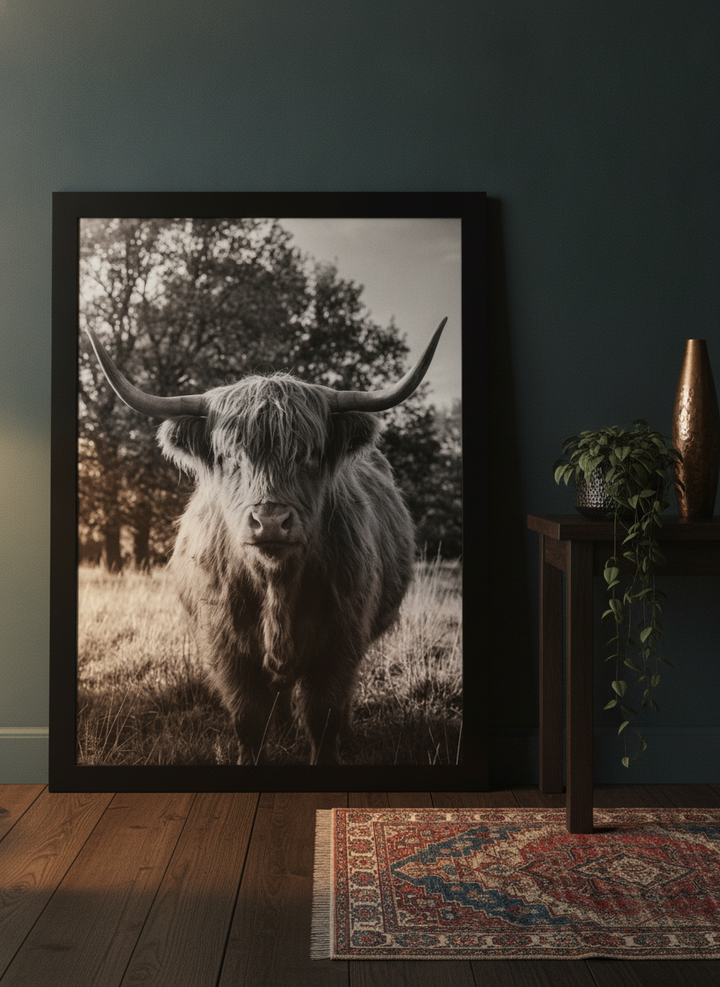 Modern wall art print leaning against the wall in a moody kitchen