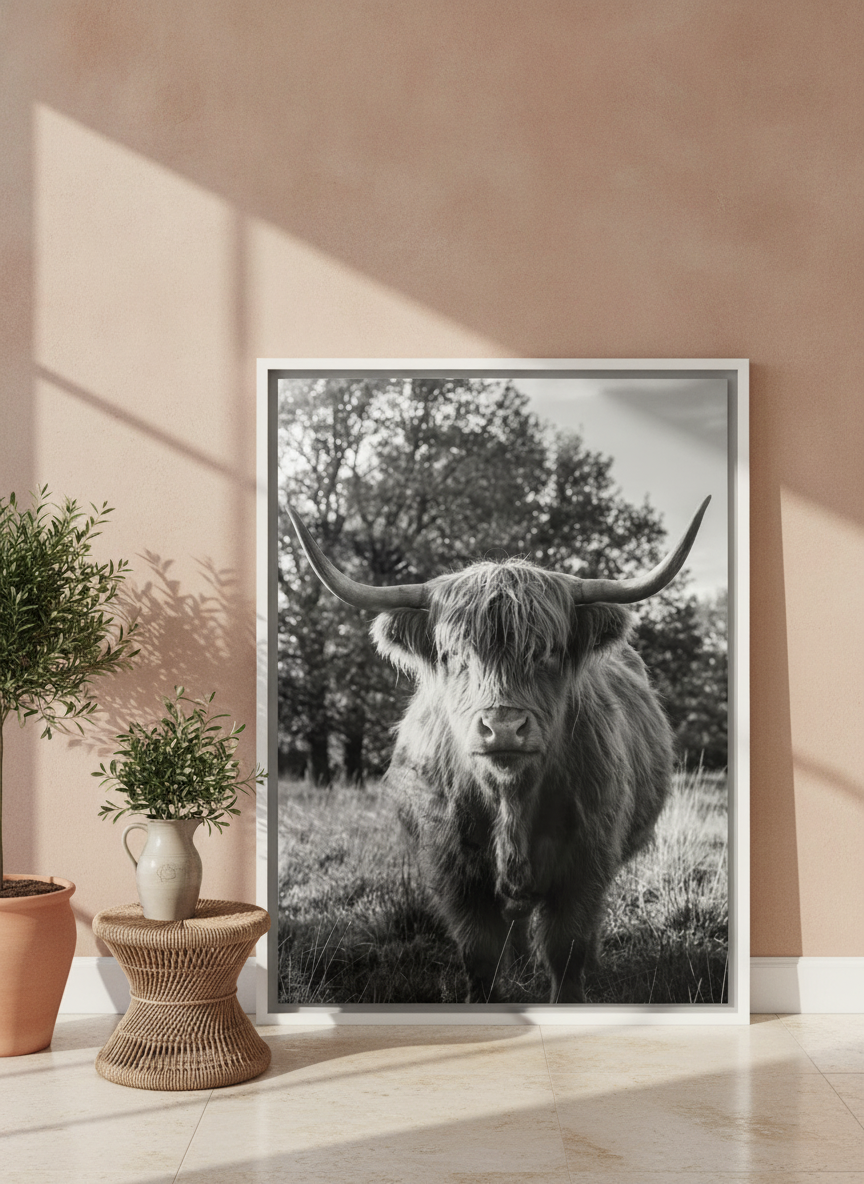 Canvas wall art with a white surround leaning against the wall in a Mediterranean kitchen