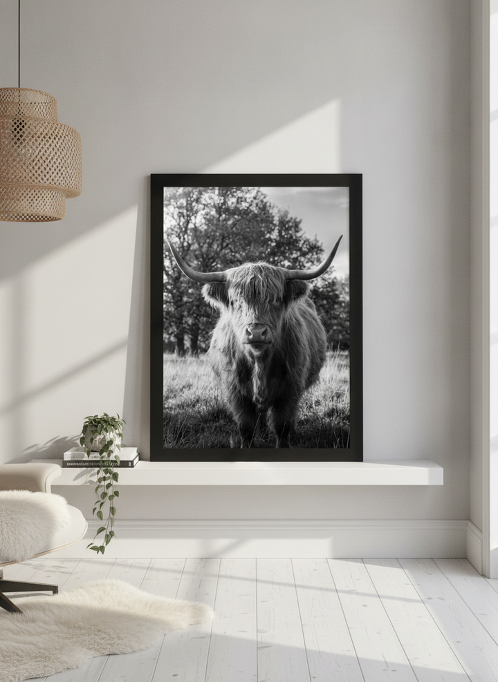 Modern wall art print standing on a shelf in a bright Scandinavian home office