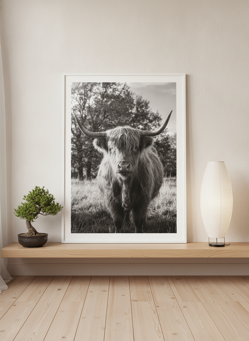 Modern wall art print standing on a shelf in a warm Japandi bedroom