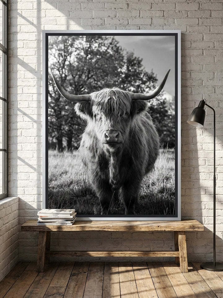 Canvas wall art with a silver leaf surround standing on a bench in an industrial loft home office