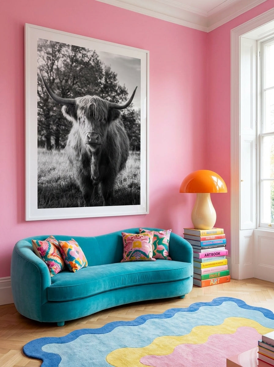 Oversized statement modern wall art print styled on the wall in a colourful eclectic living room