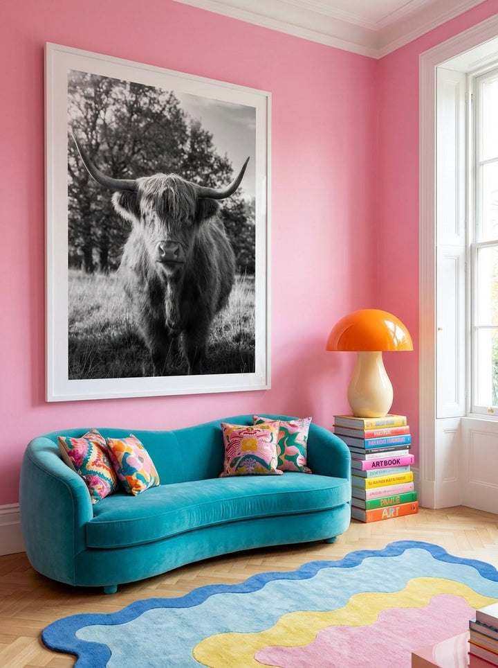 Oversized statement modern wall art print styled on the wall in a colourful eclectic living room