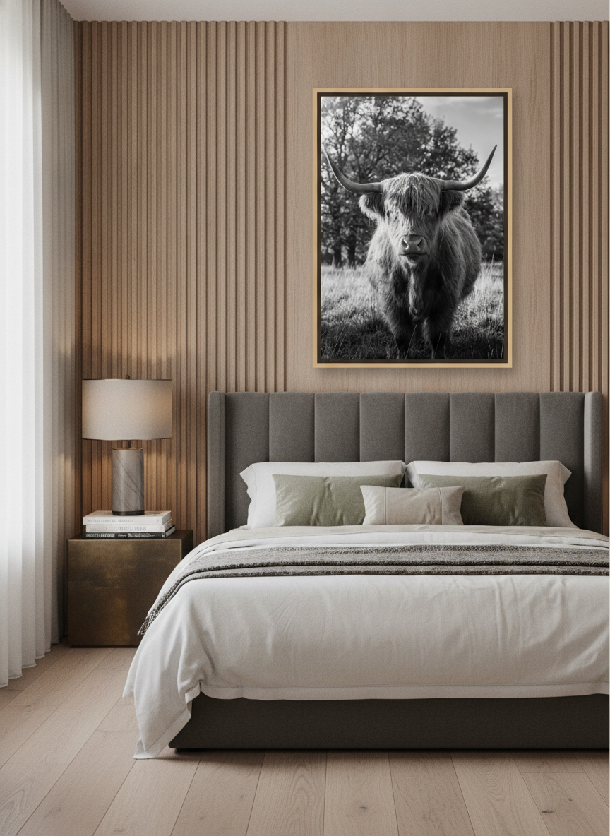 Canvas wall art with a natural timber surround styled on the wall in a luxe bedroom