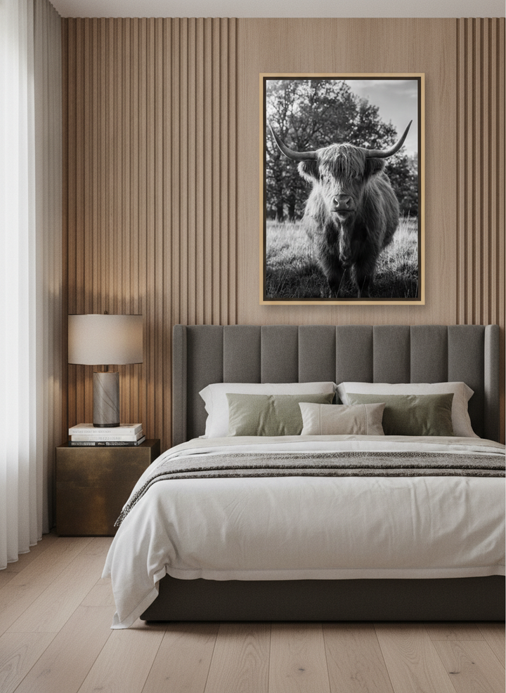 Canvas wall art with a natural timber surround styled on the wall in a luxe bedroom