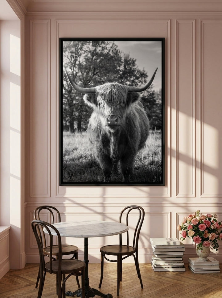 Oversized statement canvas wall art with a black surround styled on the wall in a Parisian dining room