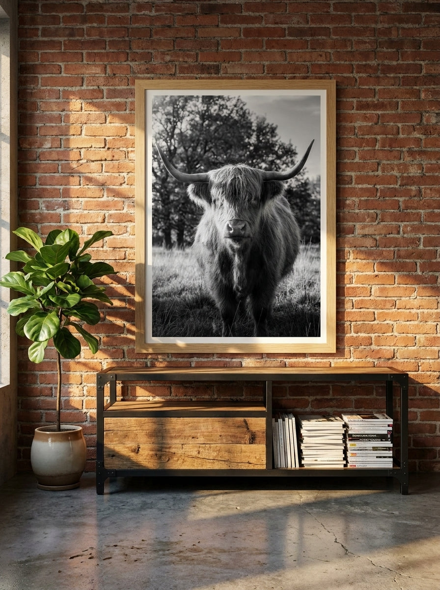 Modern wall art print styled on the wall in an industrial loft living room