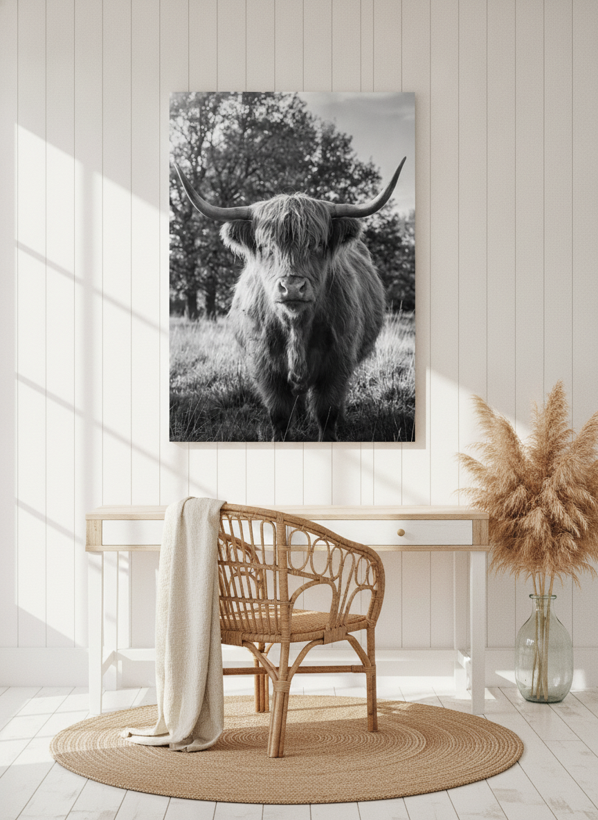 Stretched canvas wall art styled on the wall in a coastal home office