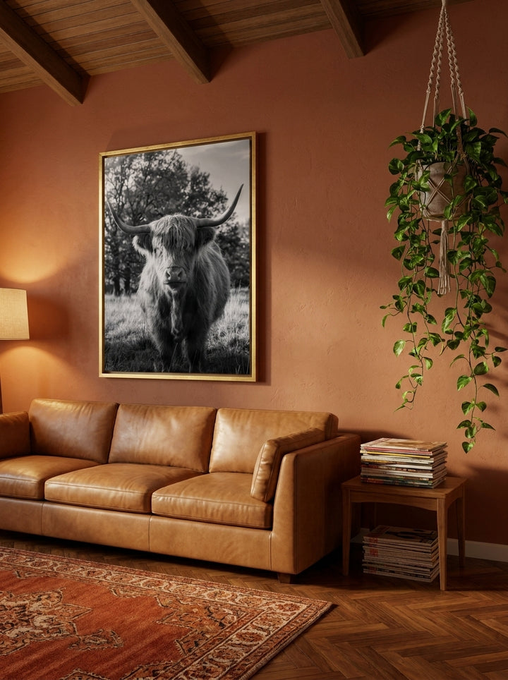 Oversized statement canvas wall art with a gold leaf surround styled on the wall in a retro 70s living room
